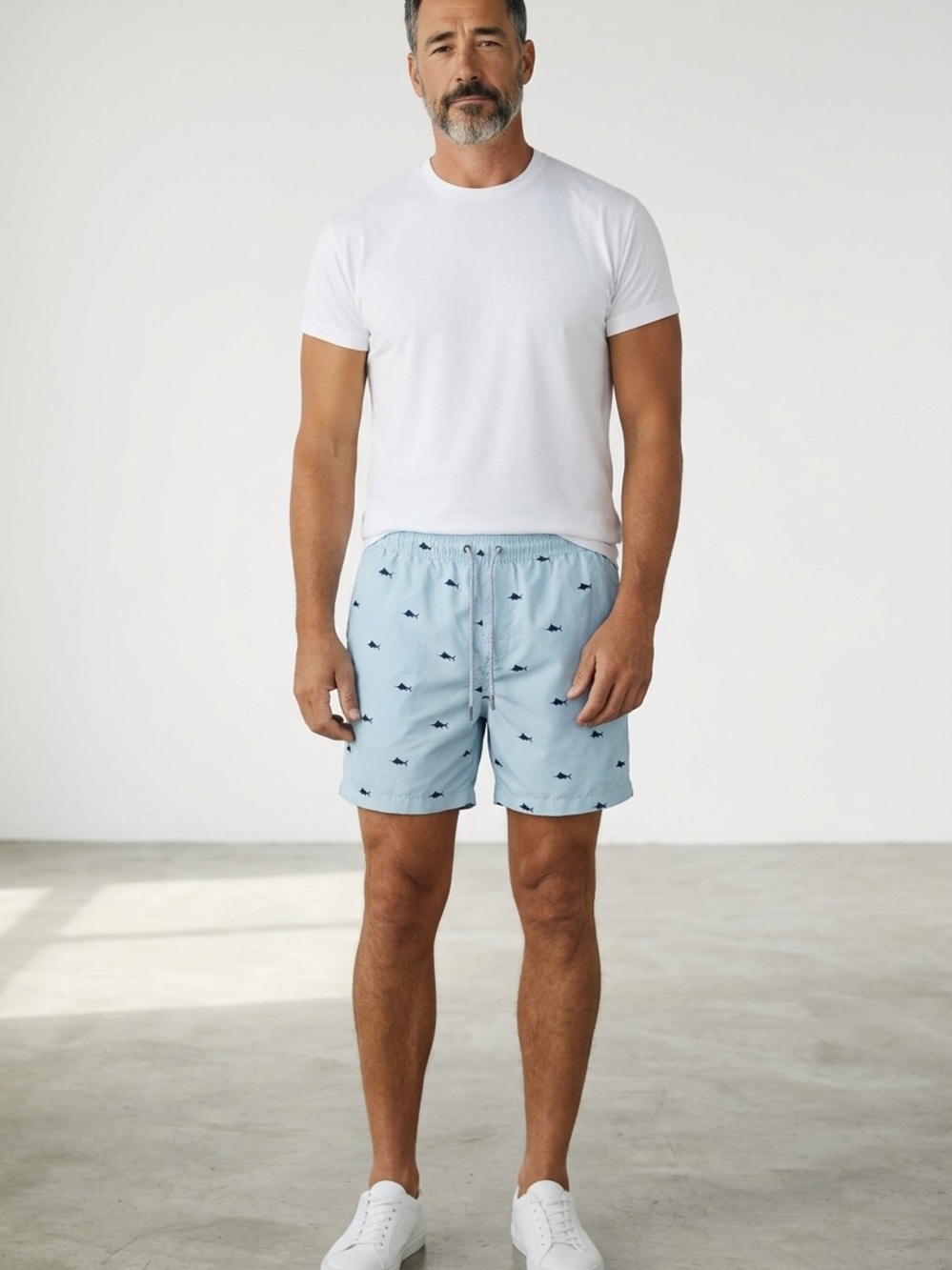 Sun Surf Light Blue Swim Trunks with Navy Shark Print
